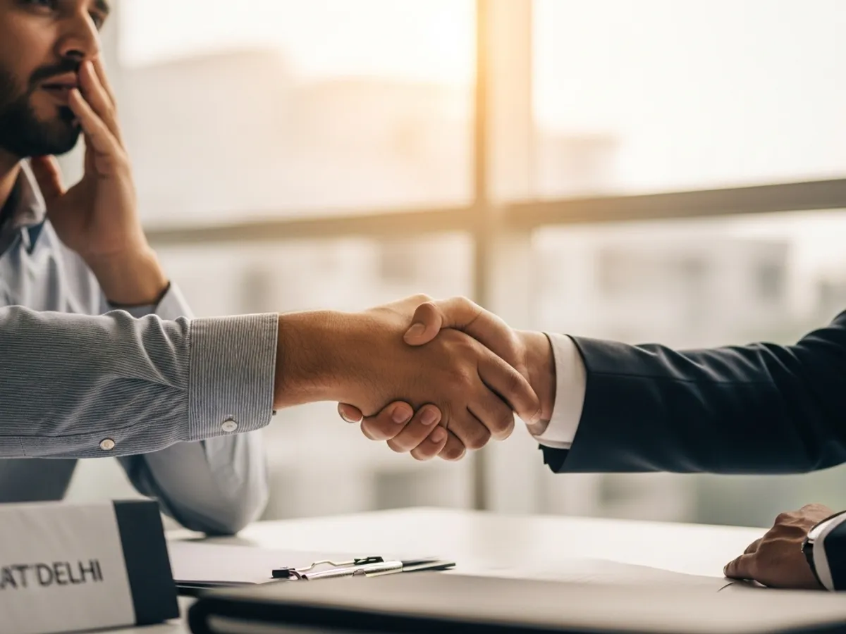A handshake between a client and a supreme court advocate in Delhi, symbolizing a legal agreement.