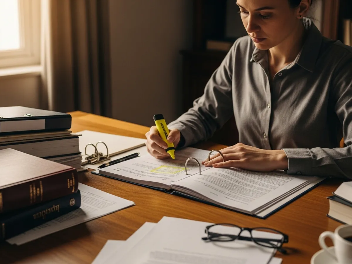 A woman reviewing legal documents, possibly a High Court advocate in Delhi preparing a case, highlighting key points with a marker.