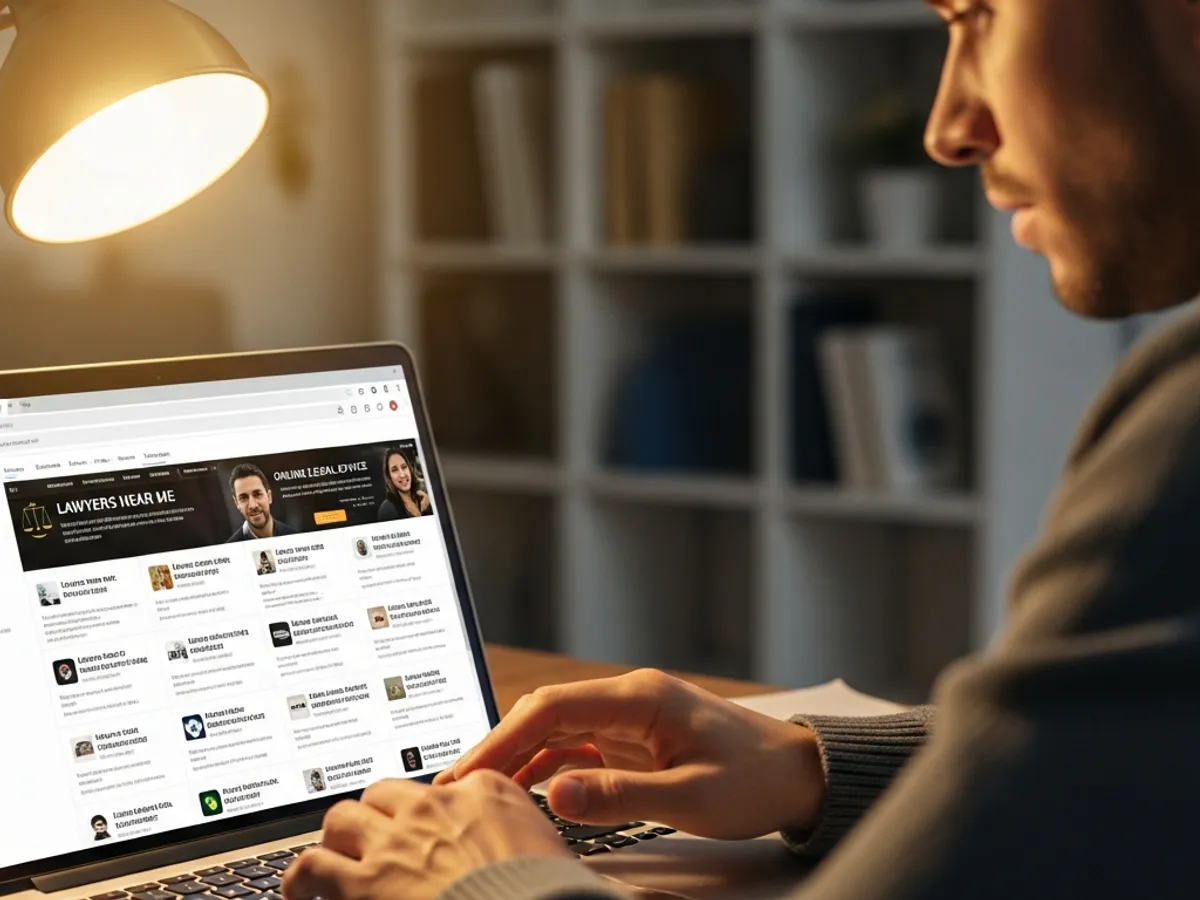 A man browsing an online directory to find an advocate in Delhi, potentially searching for criminal lawyers in Delhi Supreme Court or a Supreme Court advocate in Delhi.