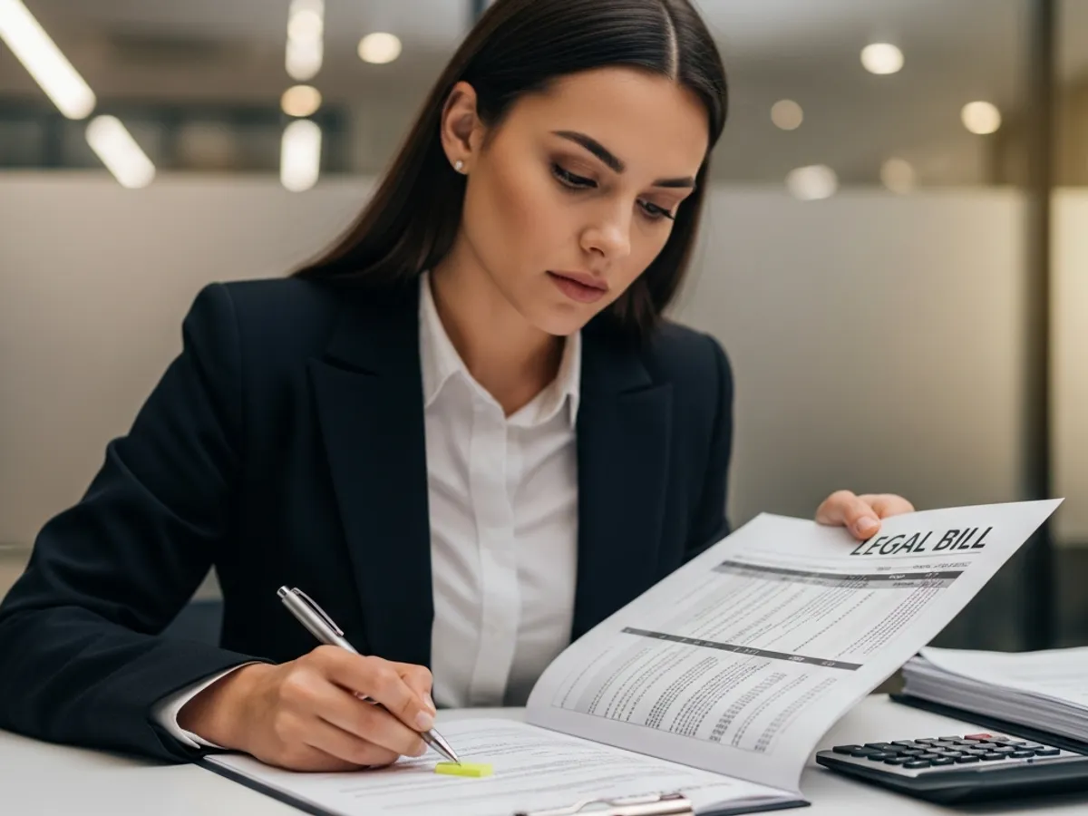 A woman reviewing a legal bill, likely a Delhi advocate listed in a Delhi advocate list, ensuring accuracy and compliance.