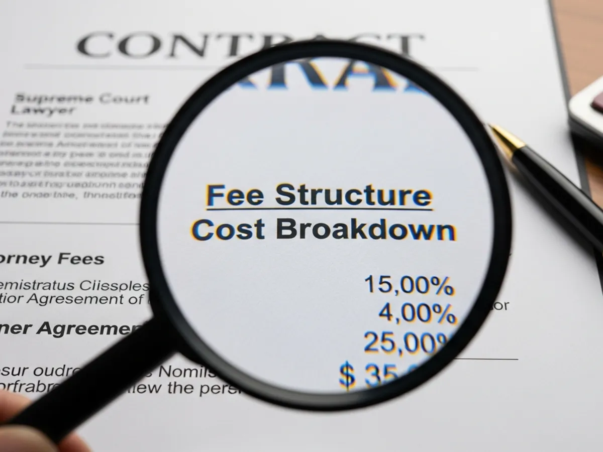 Vertragsdokument mit Fokus auf Gebührenstruktur durch Lupe.