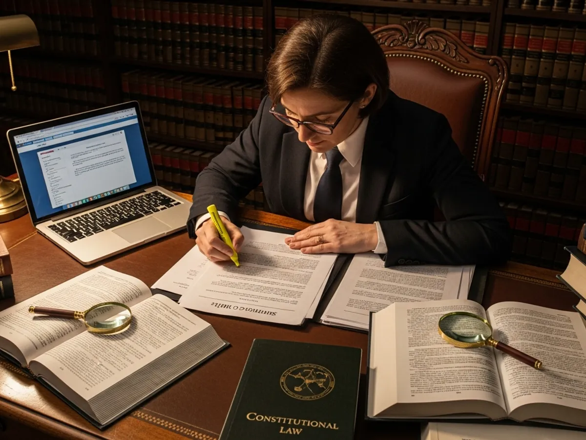 Image of a diligent criminal lawyer in Delhi reviewing case files and constitutional law books to build a strong case strategy.