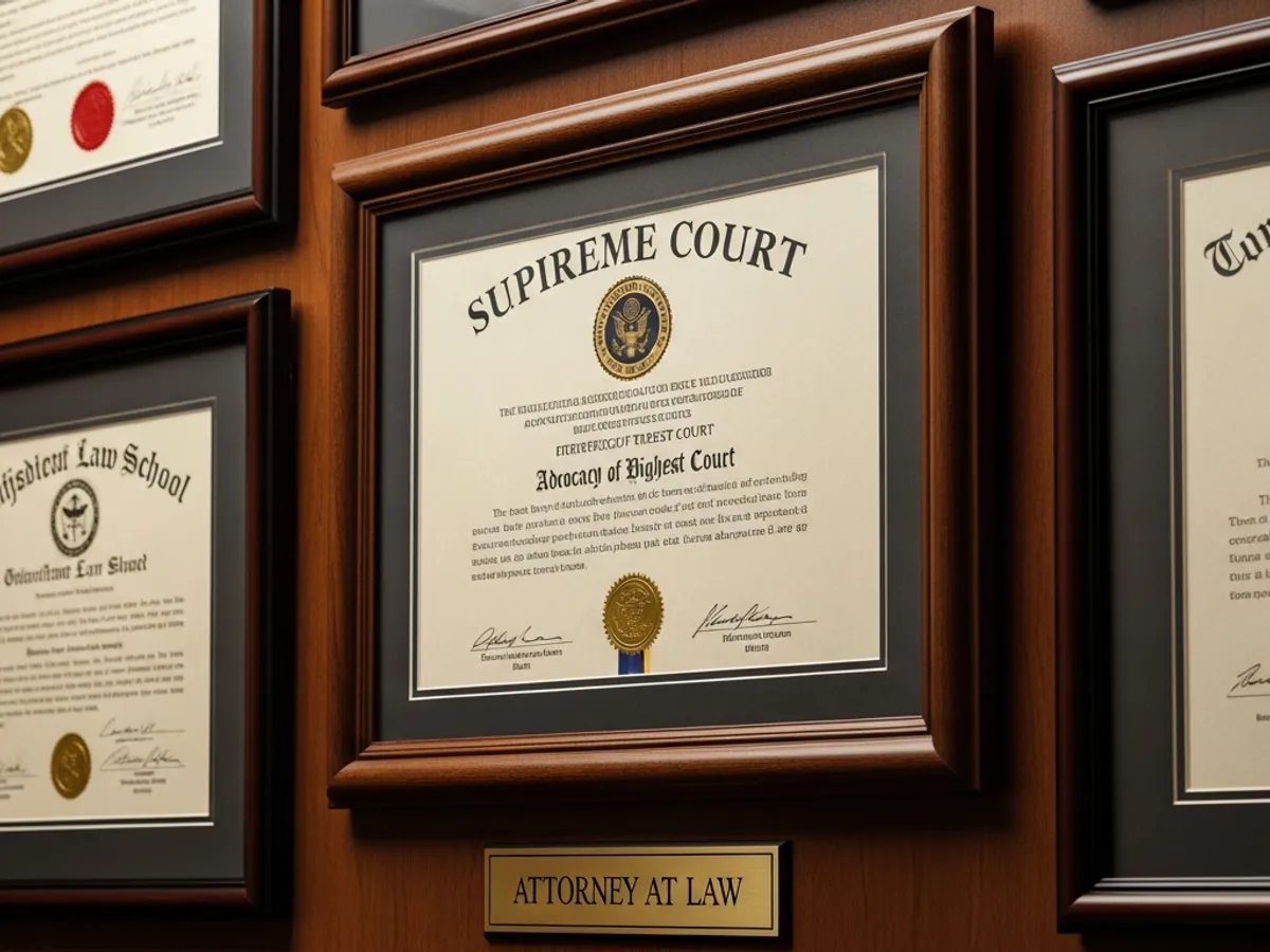 Close-up of framed law degrees and certifications, highlighting the credentials of a high court advocate in Delhi, specializing in expert legal counsel.