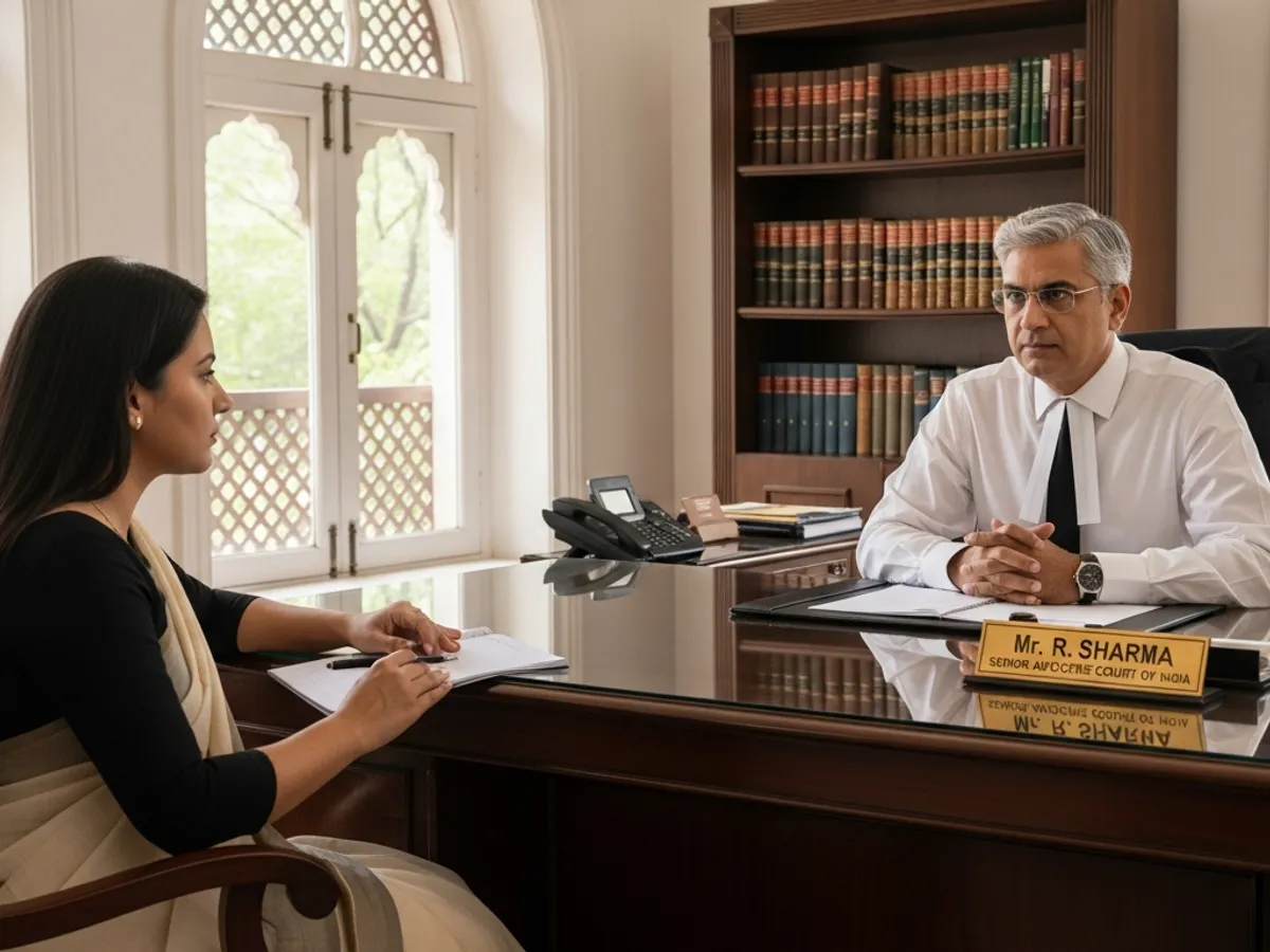A Supreme Court lawyer in Delhi, Senior Advocate R. Sharma, is consulting with a client in his office, providing legal advice and discussing litigation strategies.
