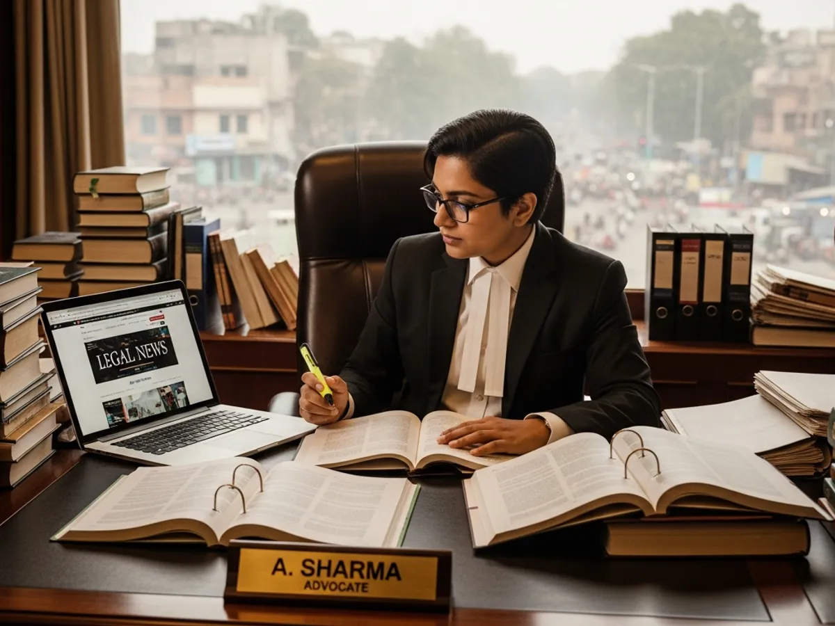Image of A. Sharma, an advocate in Delhi, working on legal cases and research, potentially for civil or criminal law, while referring to online legal news.