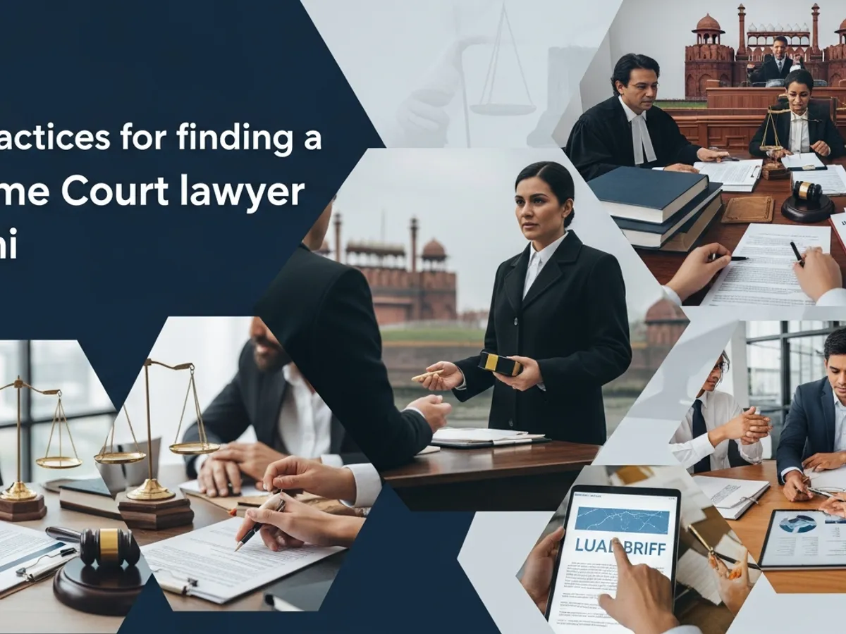 A montage of images representing practices for finding a Supreme Court lawyer in Delhi, featuring legal professionals in courtrooms, reviewing documents, and discussing cases.