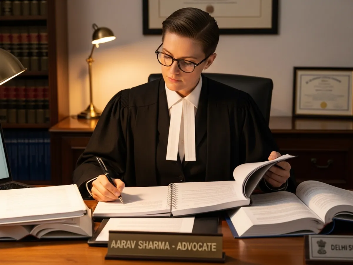 A female advocate in Delhi Supreme Court, wearing a traditional robe and glasses, reviewing legal documents and preparing for a case in her office.