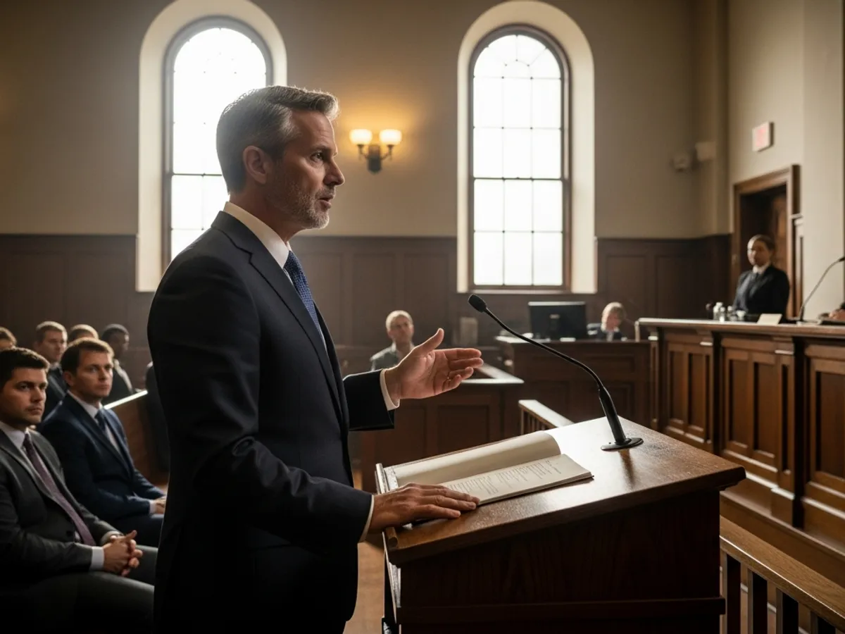 A Supreme Court advocate in Delhi delivering a compelling speech in a courtroom, advocating for his client, with audience attentively listening.