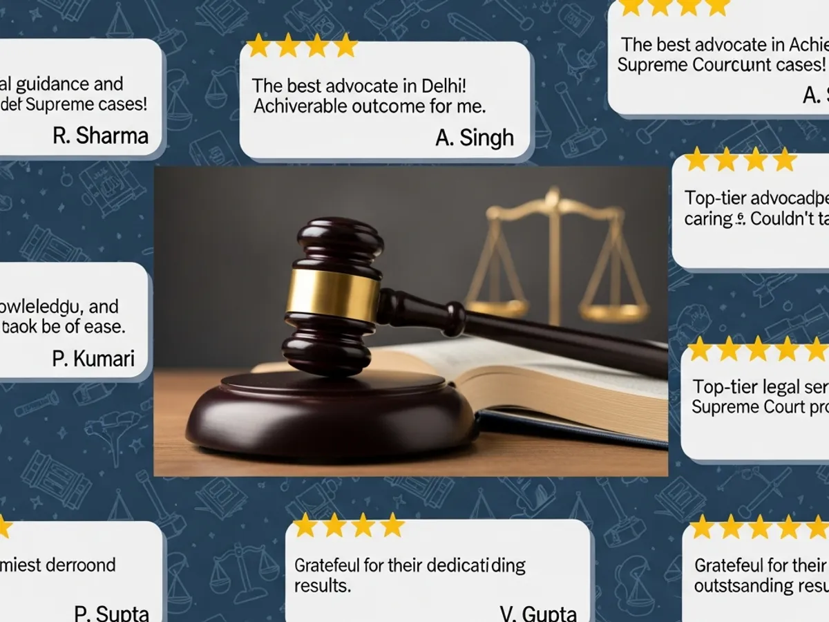 Image featuring testimonials for a top advocate in Delhi, showcasing reviews and ratings regarding legal guidance and successful outcomes, with a gavel and scales of justice symbolizing fairness and legal expertise.