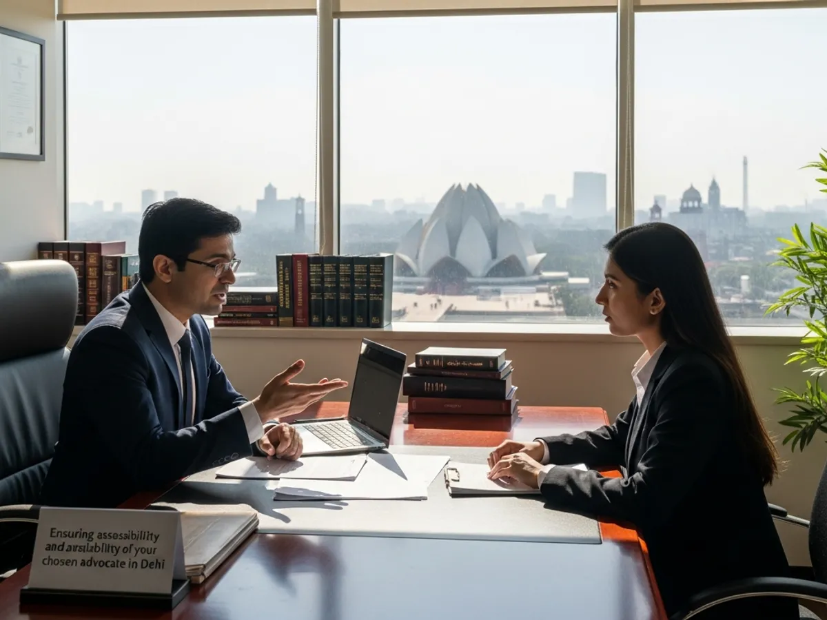 Image of a supreme court advocate in Delhi consulting with a client in an office with a view of the Lotus Temple, representing accessible legal advice and ensuring the best possible defense.