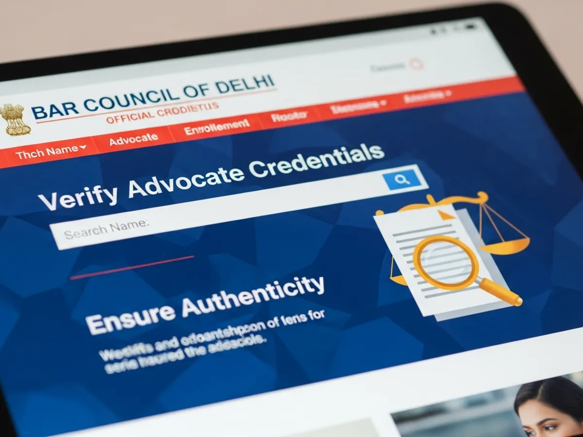 Screenshot of the Bar Council of Delhi website, highlighting the 'Verify Advocate Credentials' feature, useful for those looking to find a reputable advocate in Delhi.