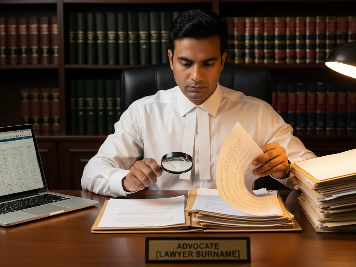 Image of an advocate reviewing documents with a magnifying glass, possibly a Delhi Supreme Court lawyer preparing for a case, showcasing attention to detail.