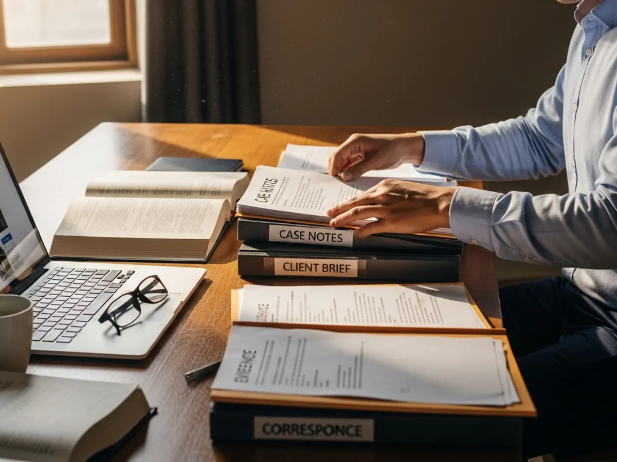 Close-up of case files and documents being organized by a lawyer, representing the detailed work involved in being a Supreme Court Advocate in Delhi.