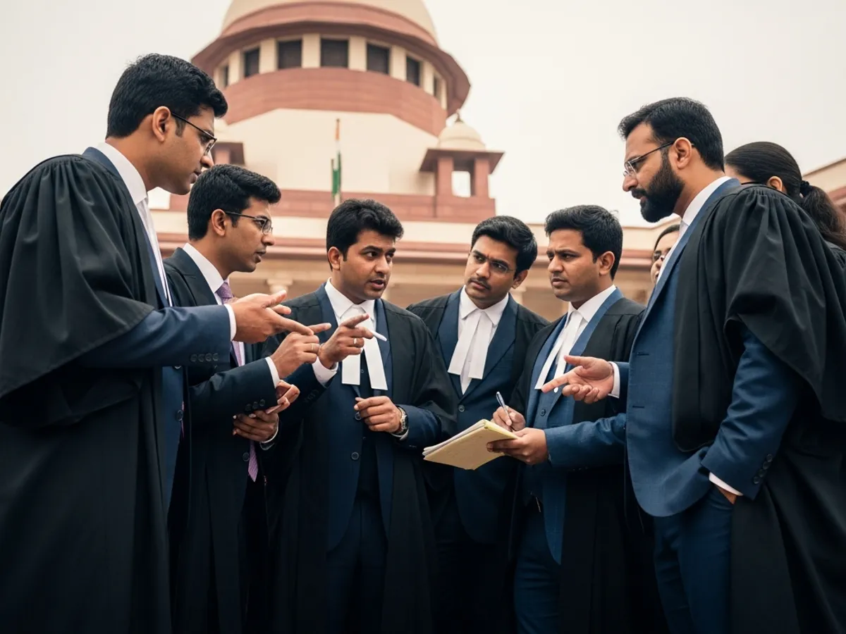 A group of Supreme Court lawyers in Delhi conferring outside the Supreme Court building, showcasing collaboration among top advocates Delhi.