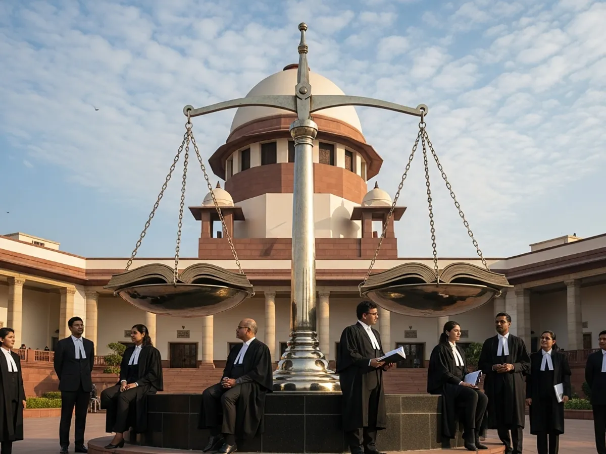 The Supreme Court of India building with the scales of justice, symbolizing the role of Supreme Court advocates in Delhi in upholding the law.