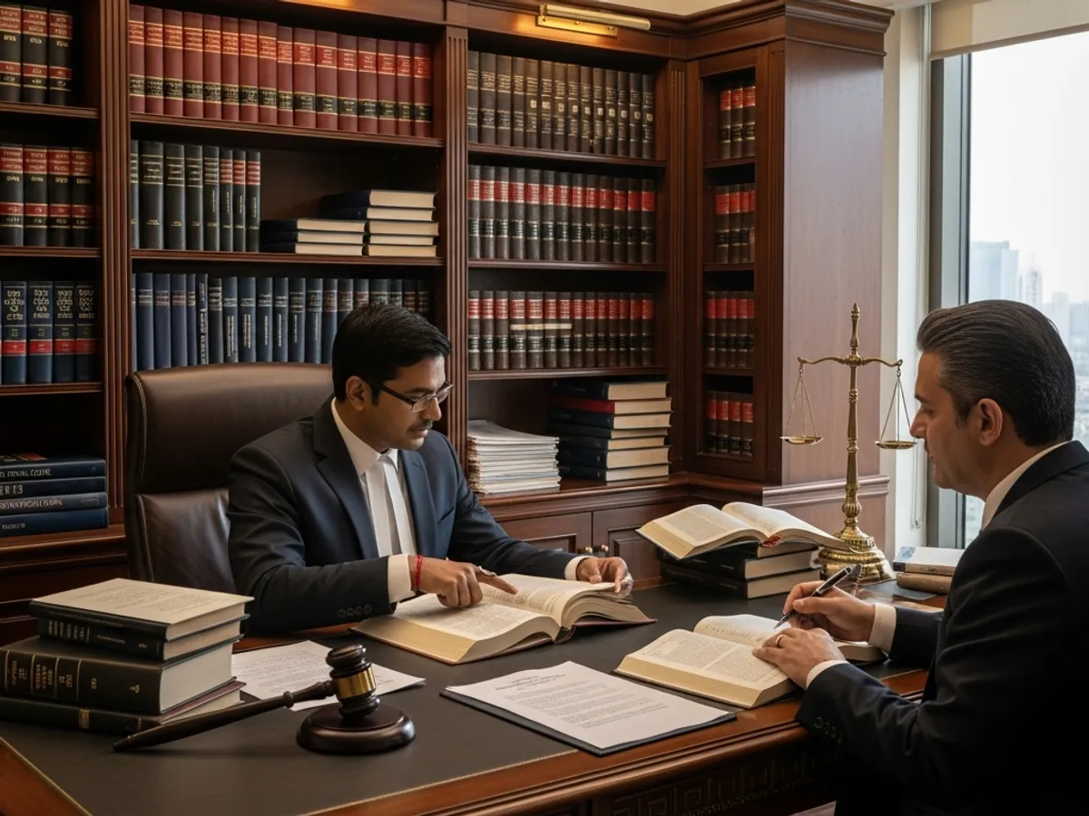 Two top advocates in Delhi are reviewing legal documents in a law library, highlighting the research and preparation involved in legal cases.