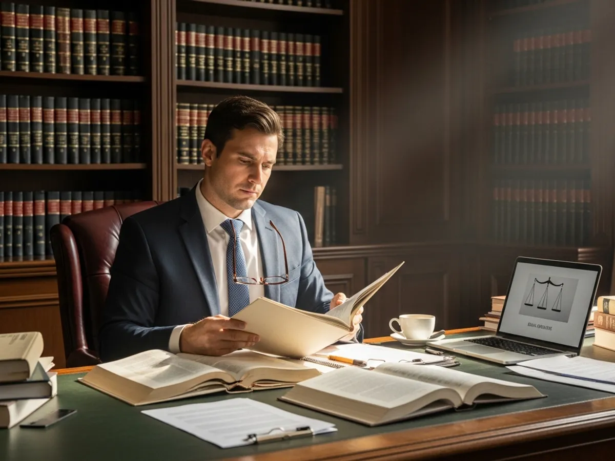 A lawyer is studying legal documents in his office, showcasing the dedication required by lawyers in Supreme Court Delhi.