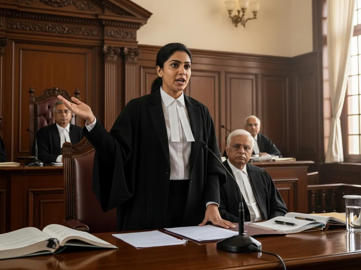 A female advocate is presenting a case in court, highlighting the role of Delhi high court advocates in legal proceedings.