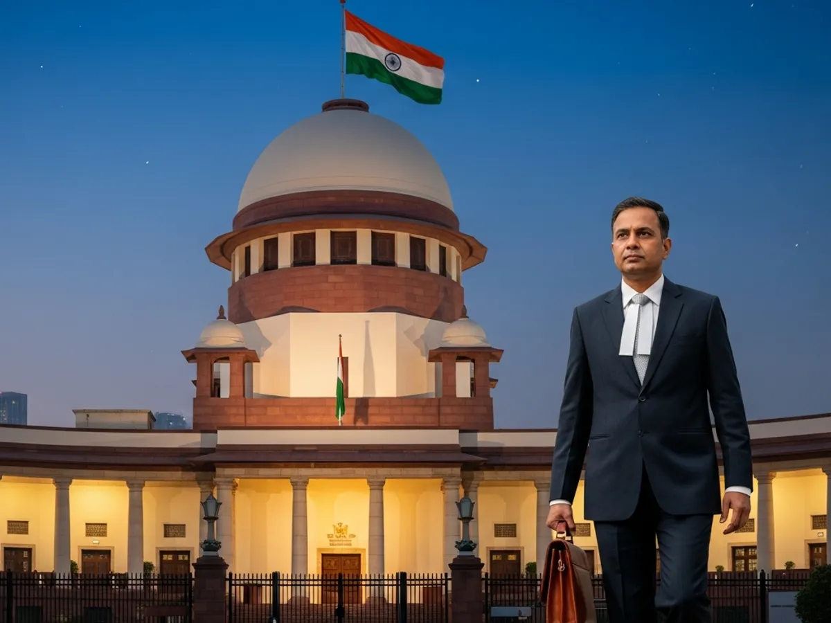 A Delhi Supreme Court advocate walks in front of the Supreme Court building, representing the professionalism of lawyers in Delhi Supreme Court.