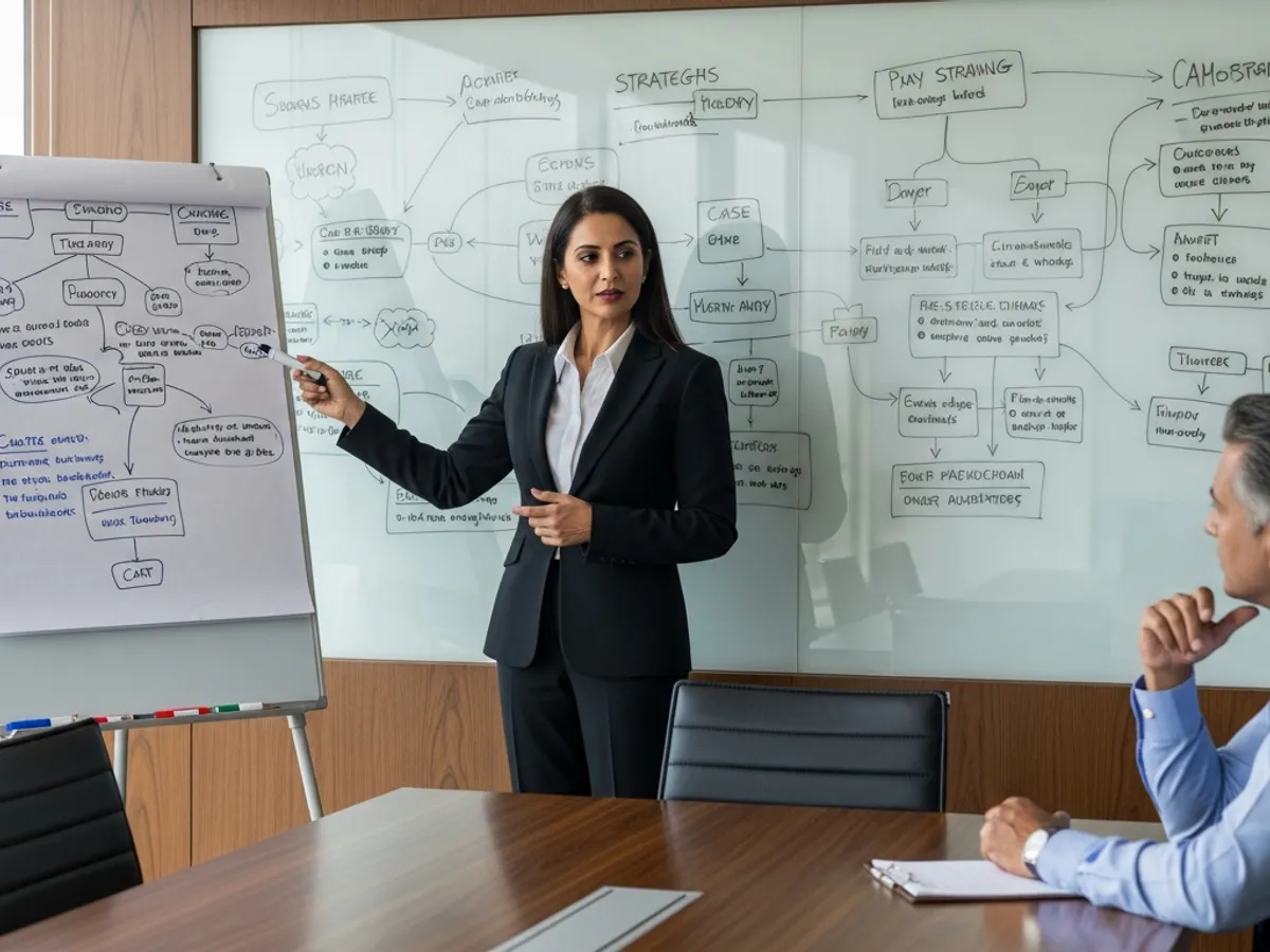 A female criminal lawyer Delhi Supreme Court is presenting a legal strategy on a whiteboard, emphasizing the planning involved in criminal defense.