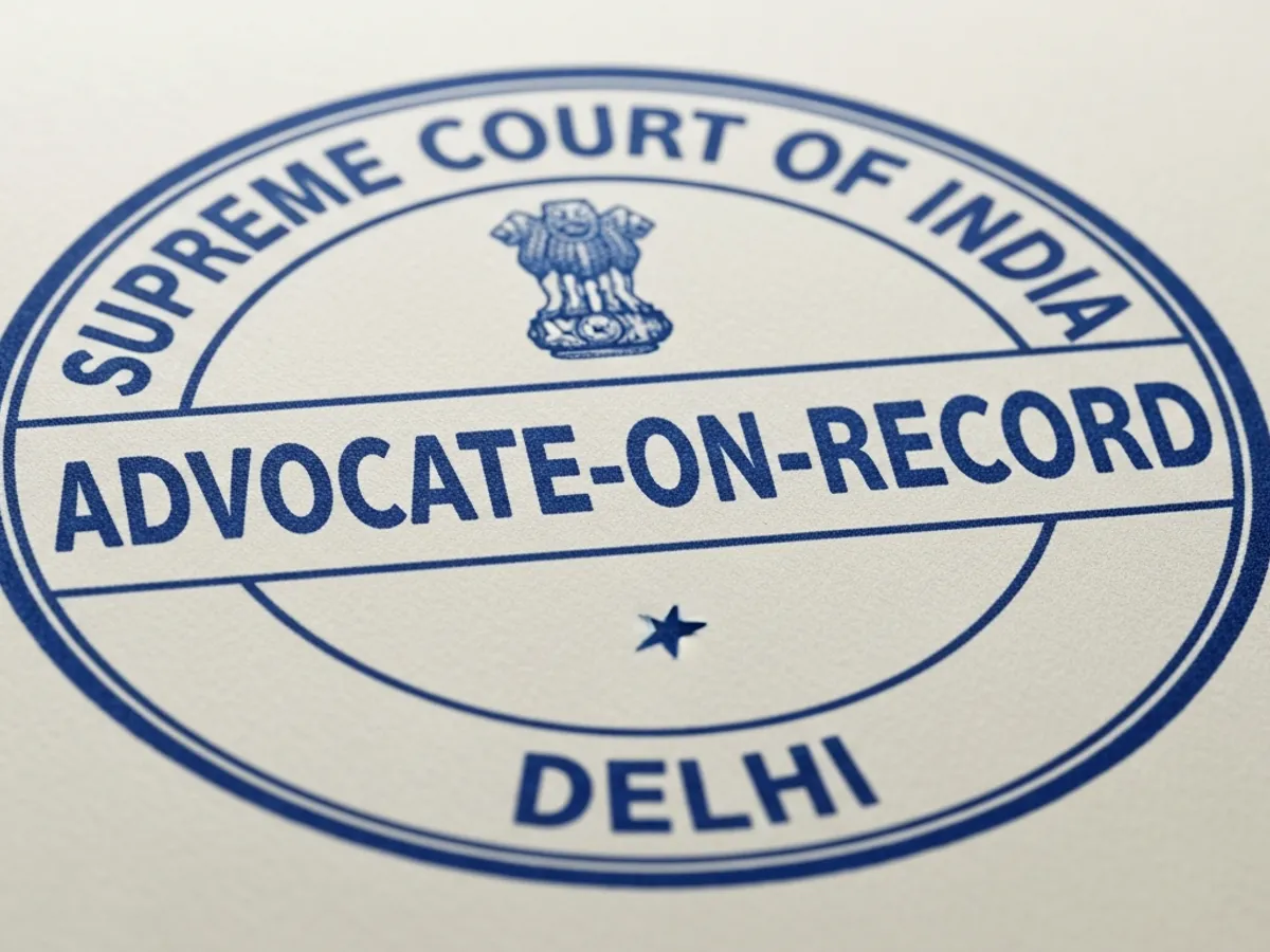 Close-up of the Supreme Court of India's 'Advocate-on-Record Delhi' stamp, emphasizing the official certification and status of legal professionals.