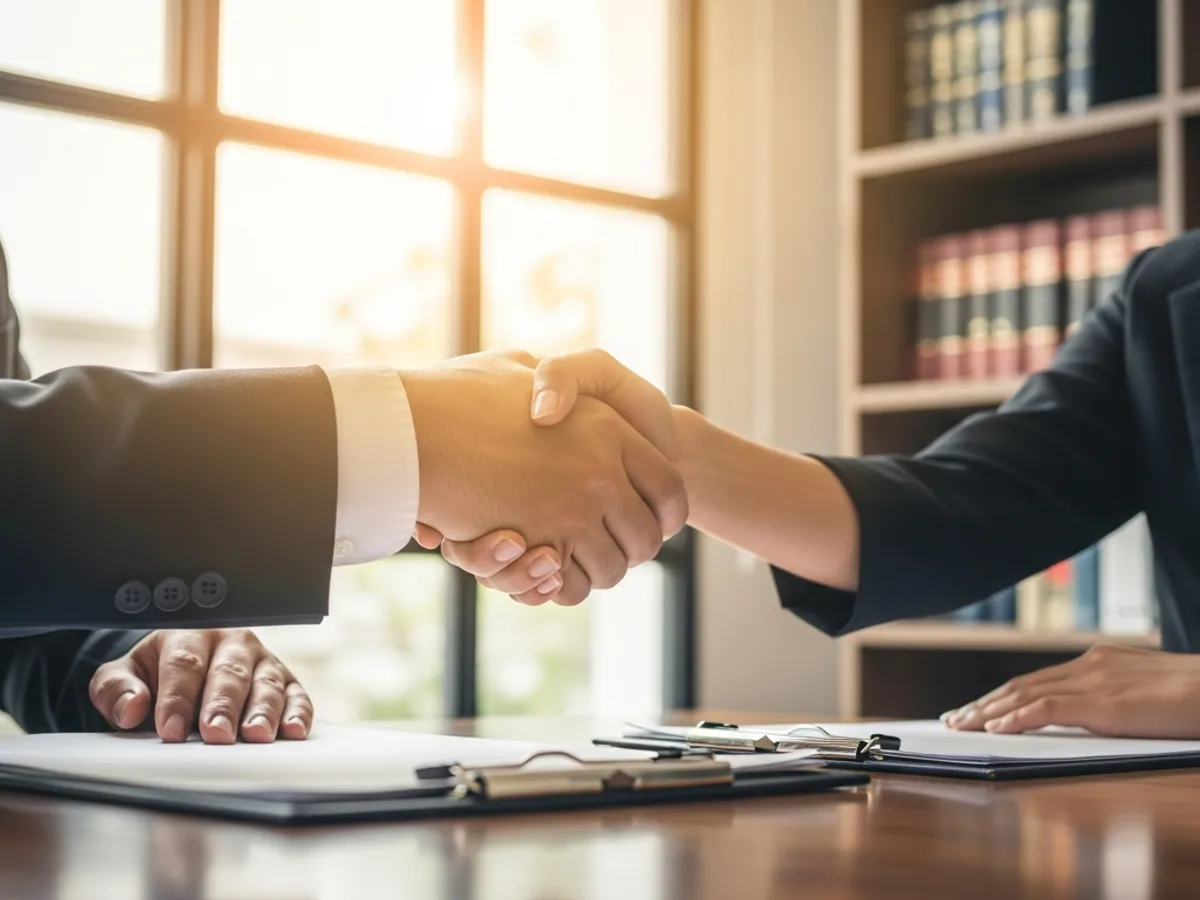 A handshake between two individuals over legal documents, symbolizing an agreement or partnership in legal matters, possibly involving a top advocate Delhi.