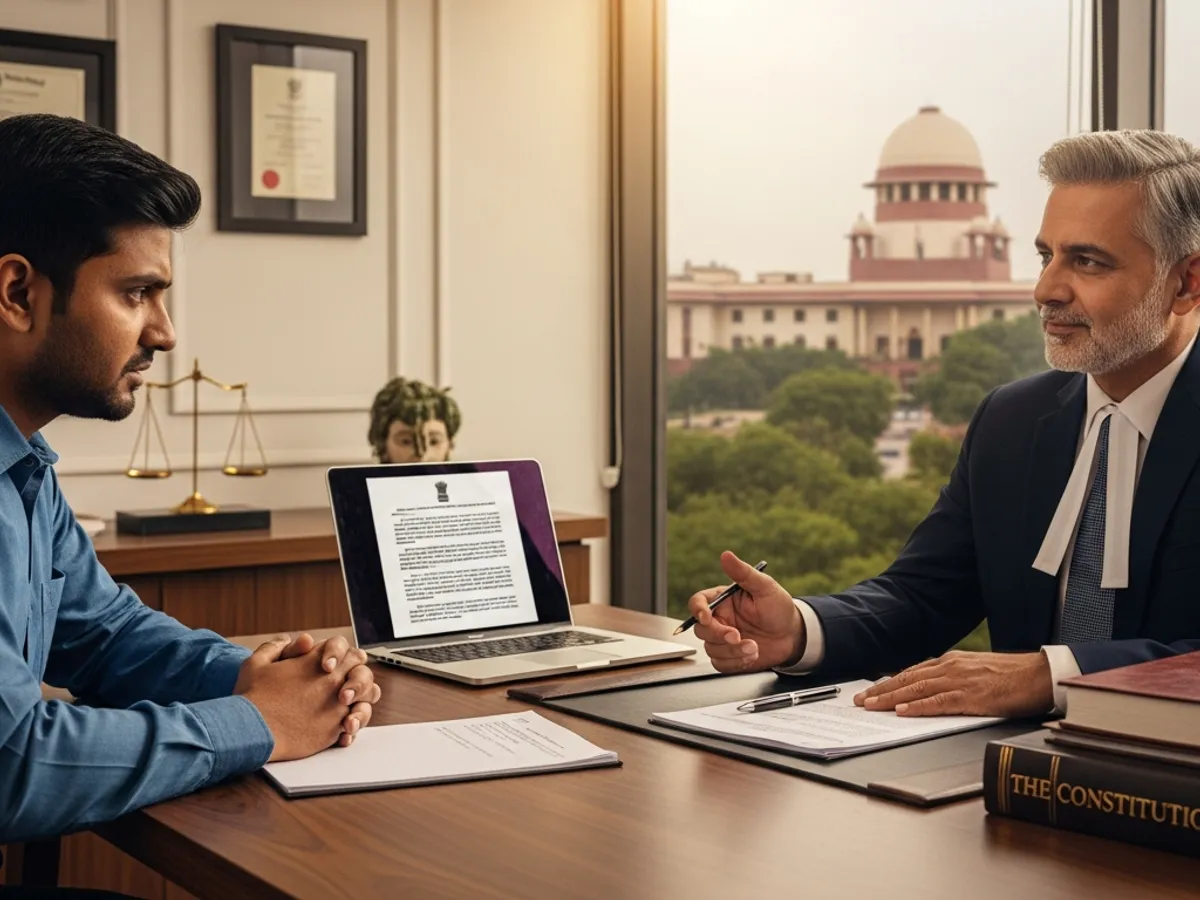 A client meeting with one of the best lawyers in Delhi Supreme Court, discussing legal strategy with the Supreme Court building visible through the window.