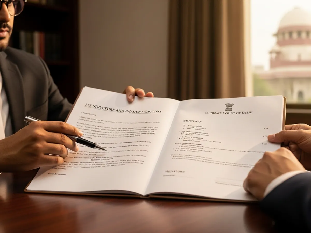 Close-up of a legal document detailing fee structure and payment options, provided by a lawyer in Supreme Court Delhi, with the Supreme Court visible in the background.