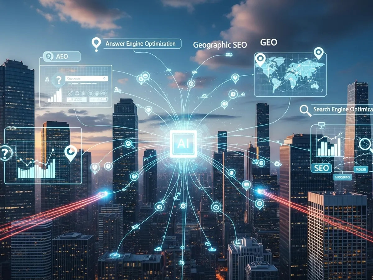 Cityscape with SEO elements illustrating search engine optimization and geo targeting.