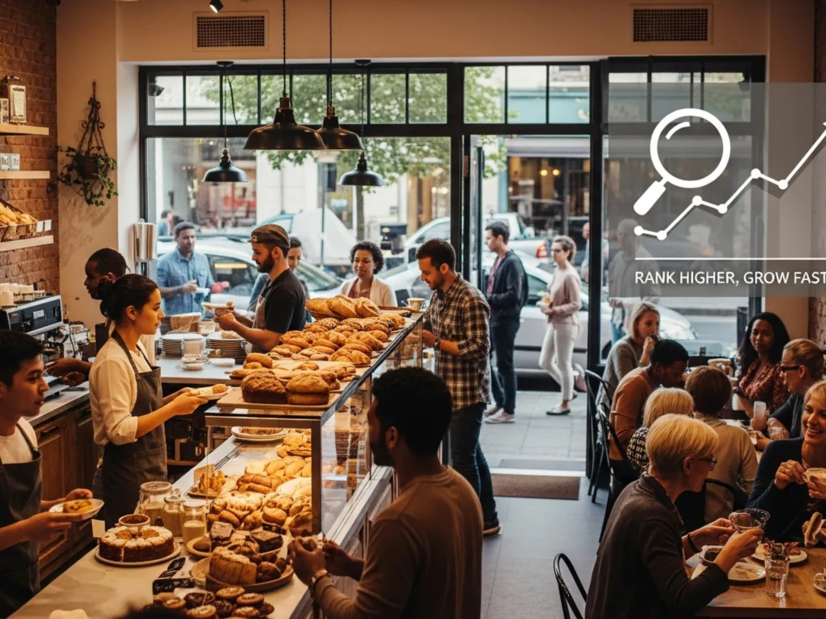 Busy local business with customers inside bakery; Google My Business optimization concept.