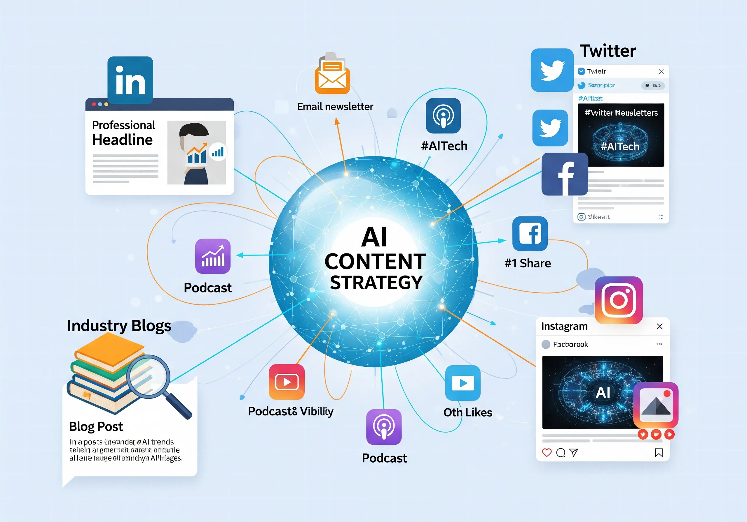 AI content strategy diagram showing social media and blog integration.