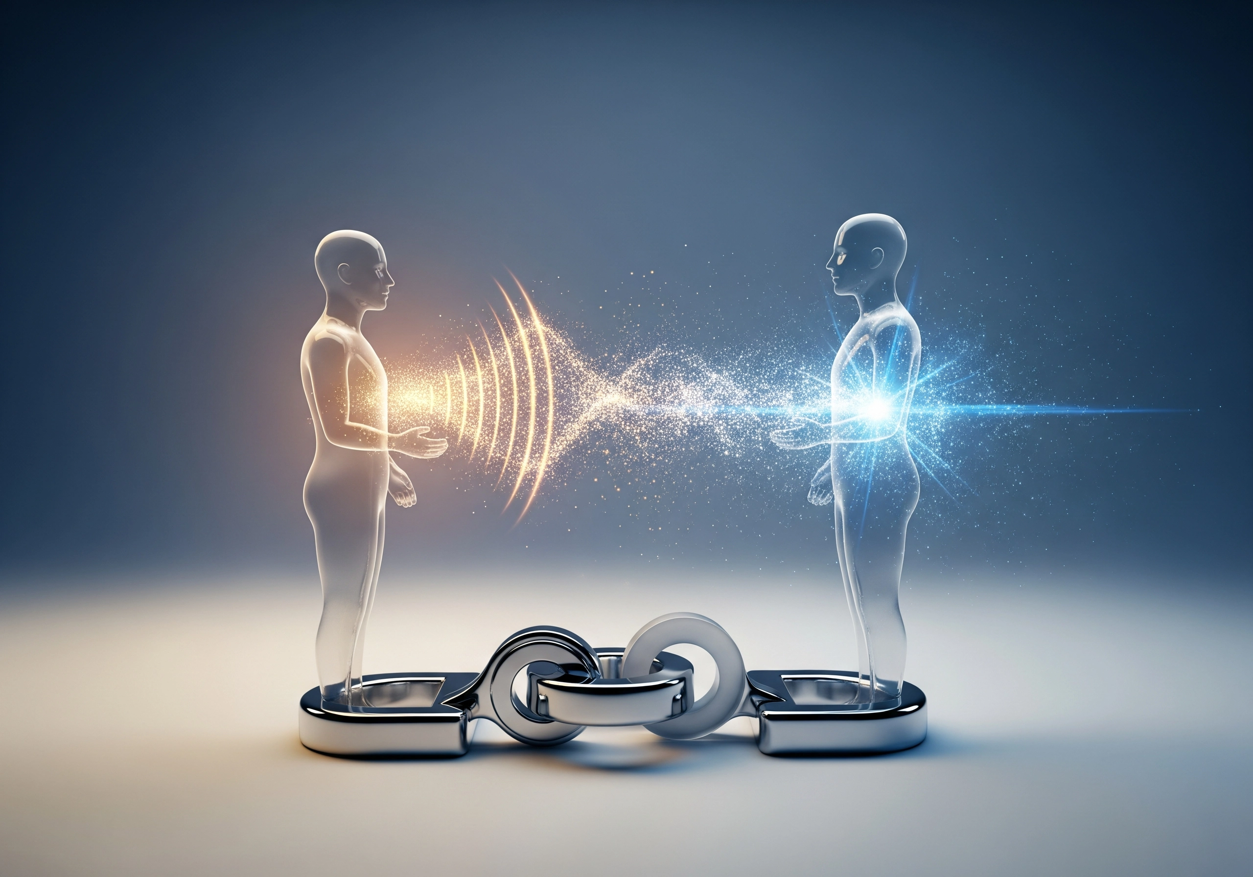 Two translucent figures connected by light, linked by metal chain.