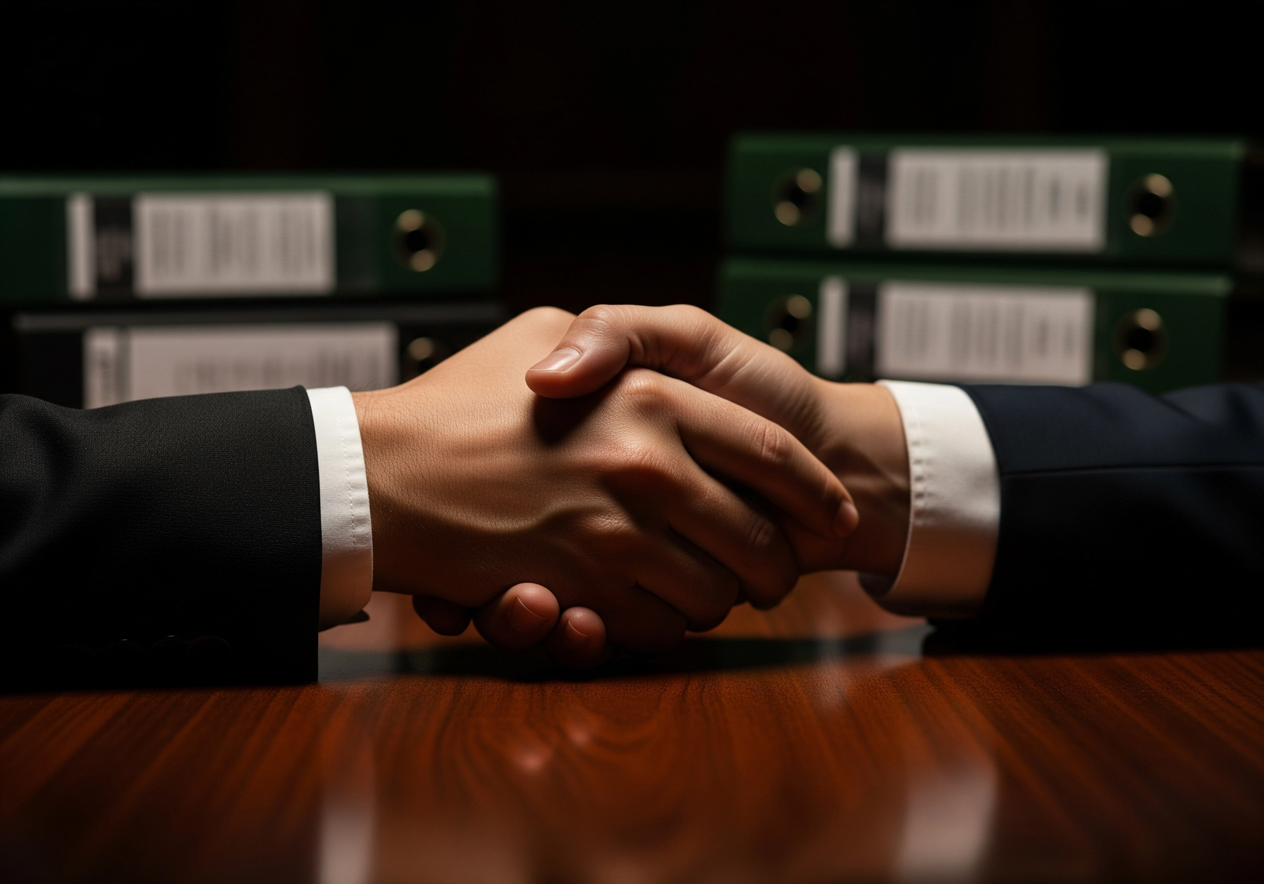 Handshake over desk with files, symbolizing selecting legal counsel.