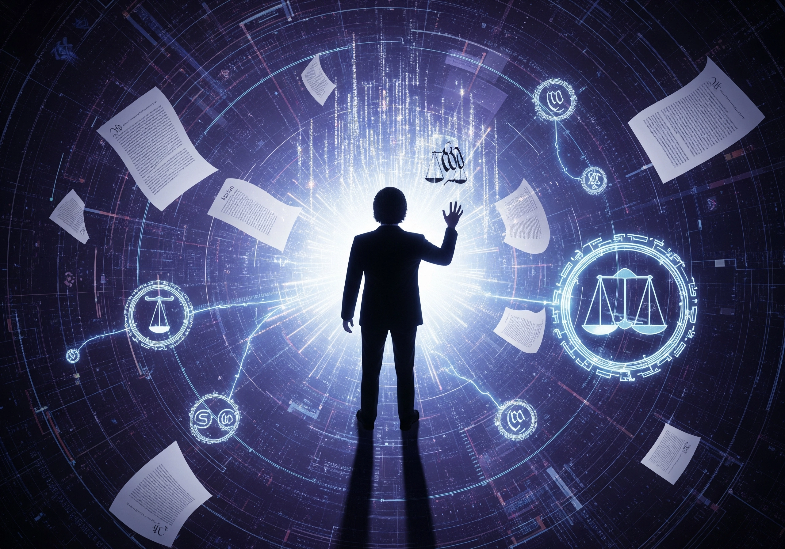 Silhouette reaching for scales of justice, surrounded by legal documents.
