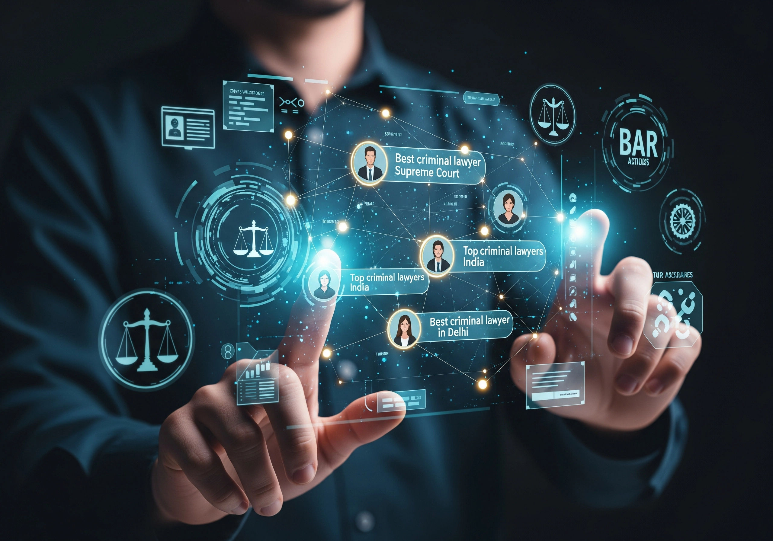 Person interacts with holographic interface displaying 'best criminal lawyer Supreme Court'.