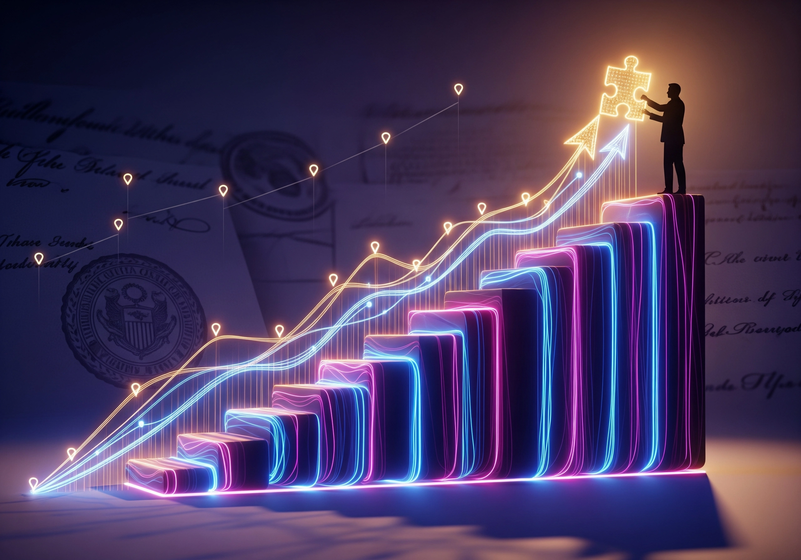 Neon bar graph with upward arrow; silhouette of man holding puzzle piece; financial growth
