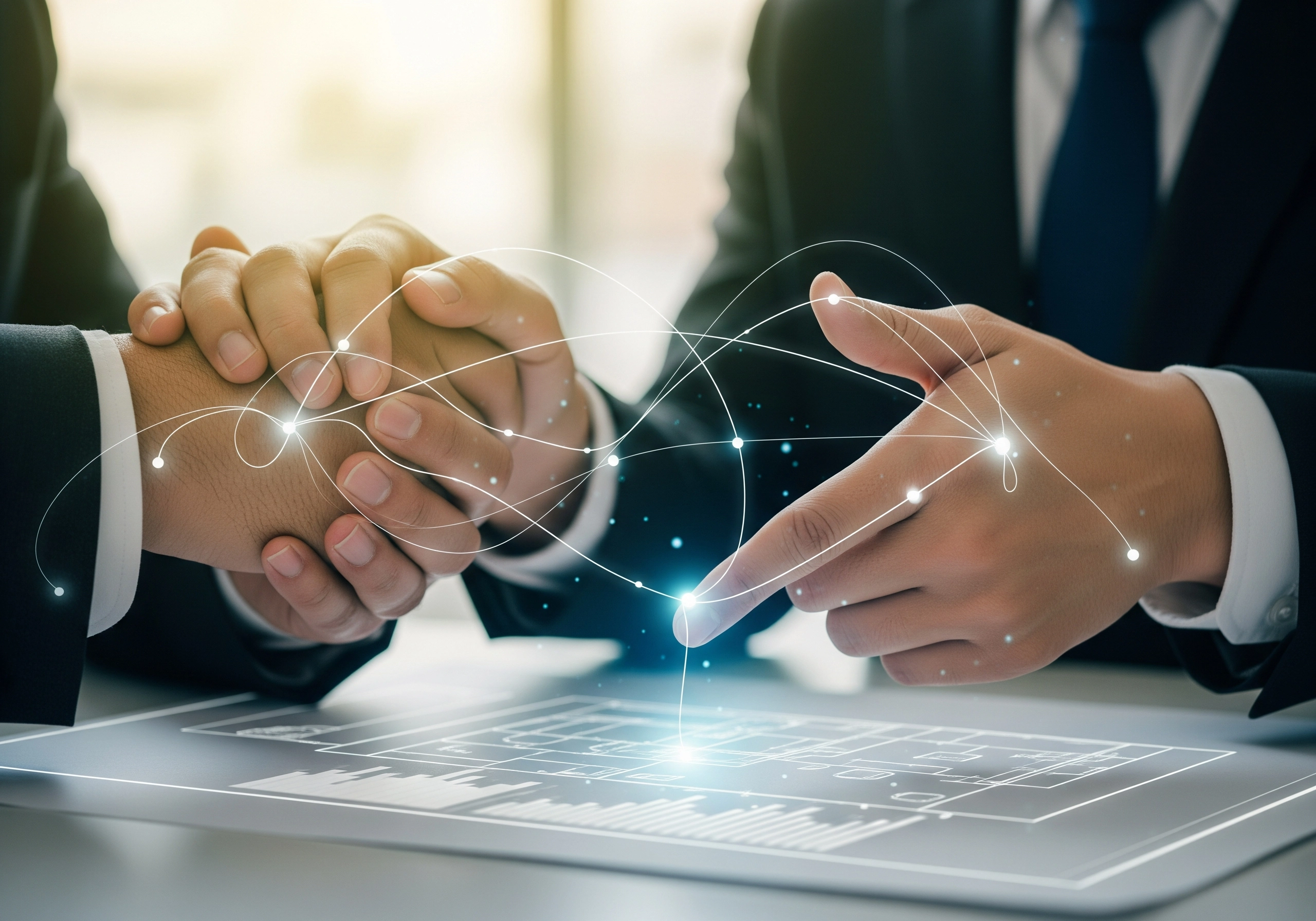 Business handshake with glowing network lines, representing finding the right advocate in Delhi