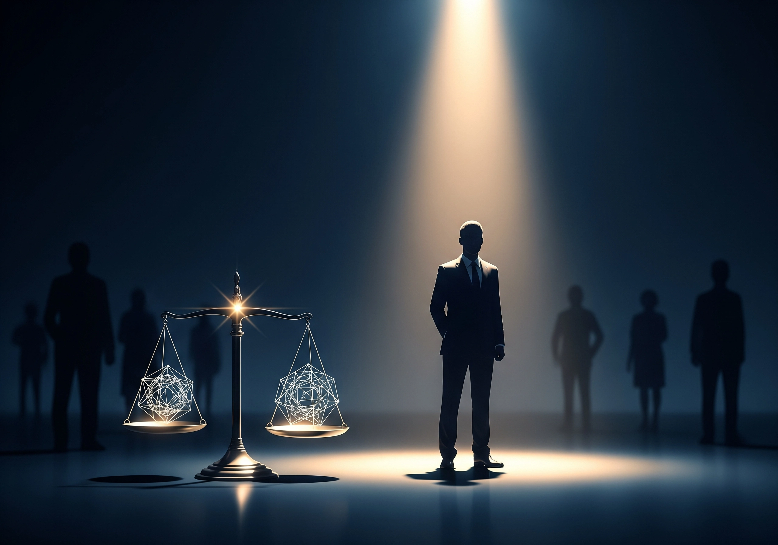 Scales of justice, lawyer silhouette in spotlight, representing legal representation in the Supreme Court