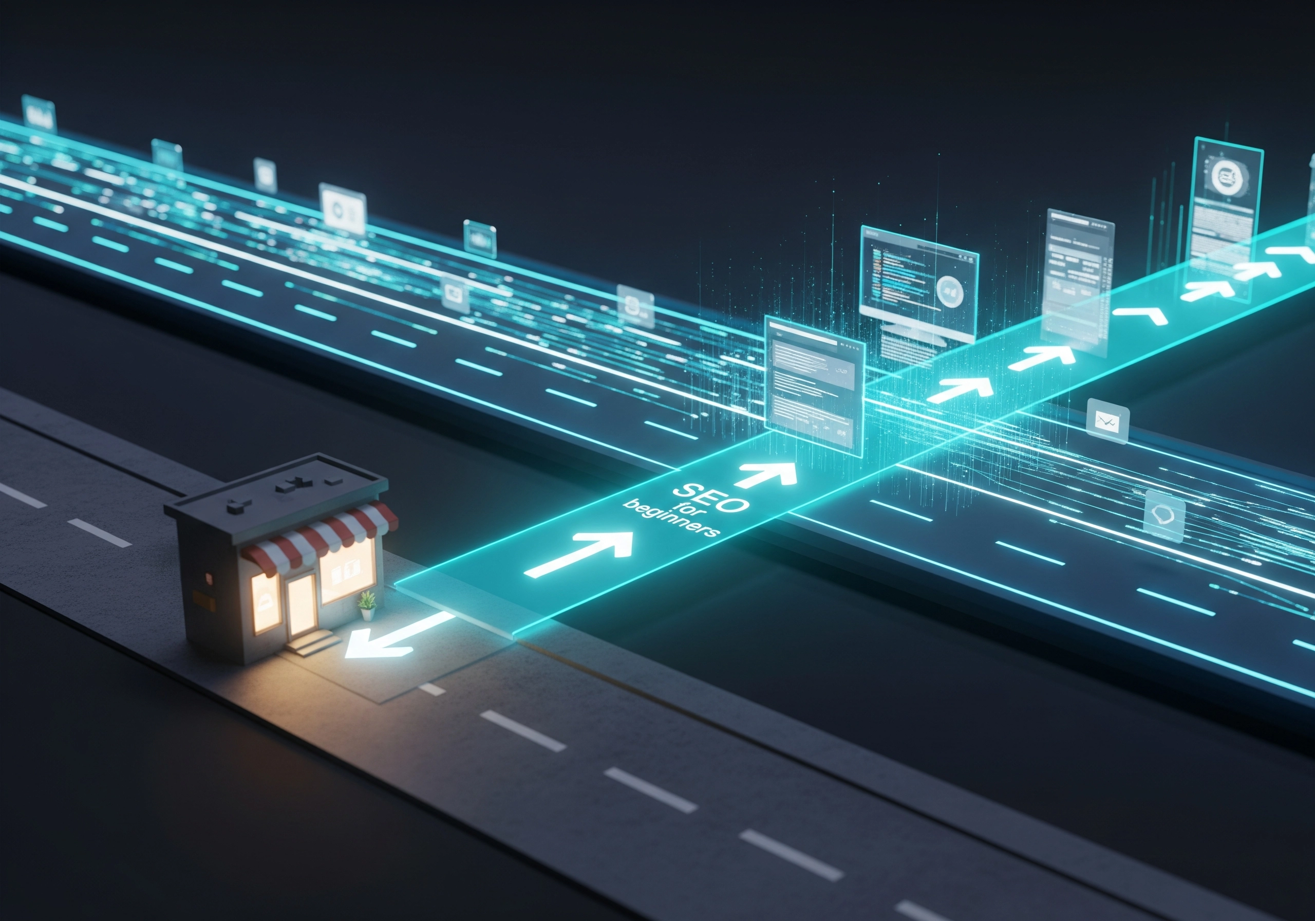 Storefront with SEO for beginner's arrow, leading to online presence icons.