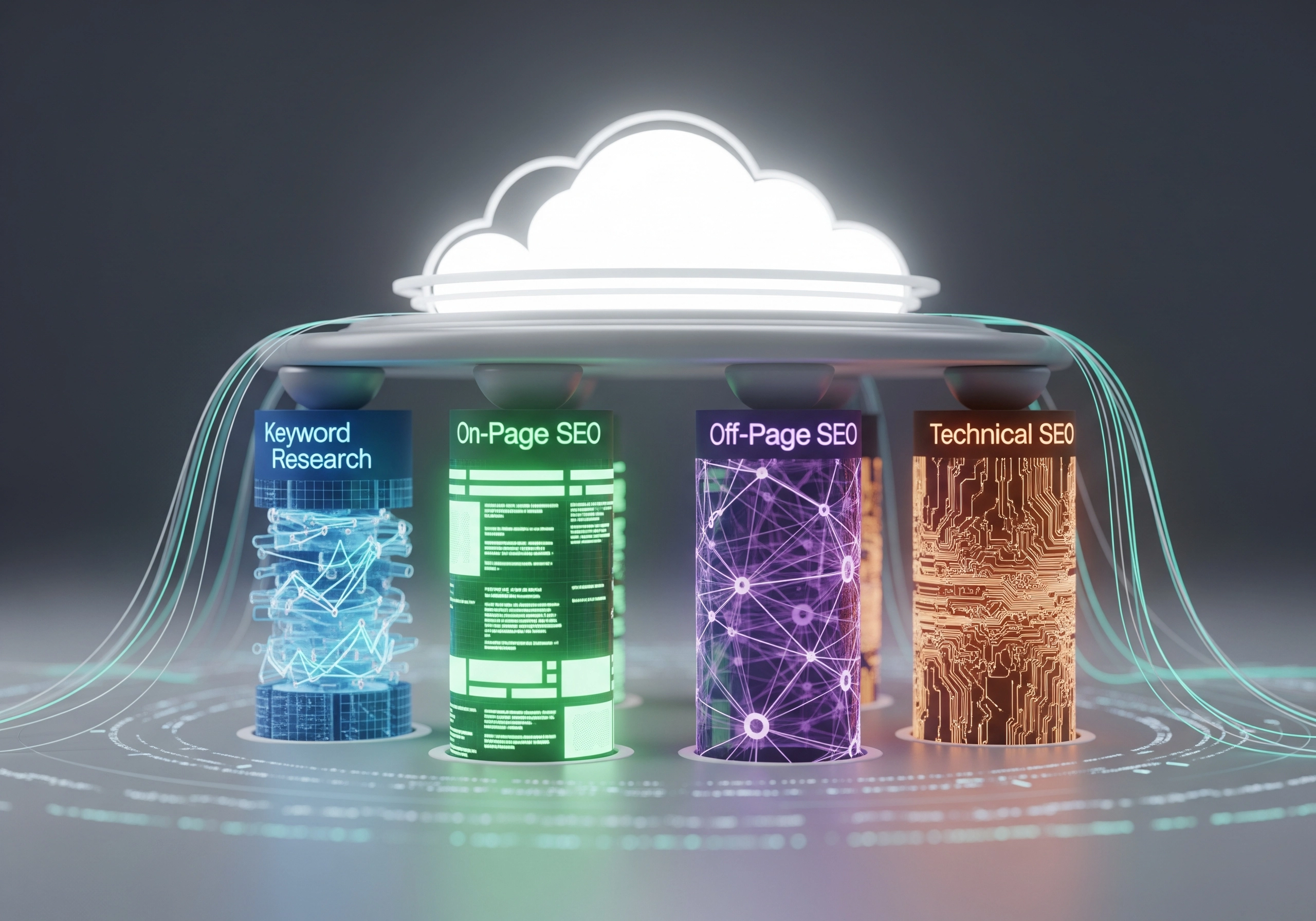 Cloud computing graphic with SEO pillars: Keyword Research, On-Page, Off-Page, Technical.
