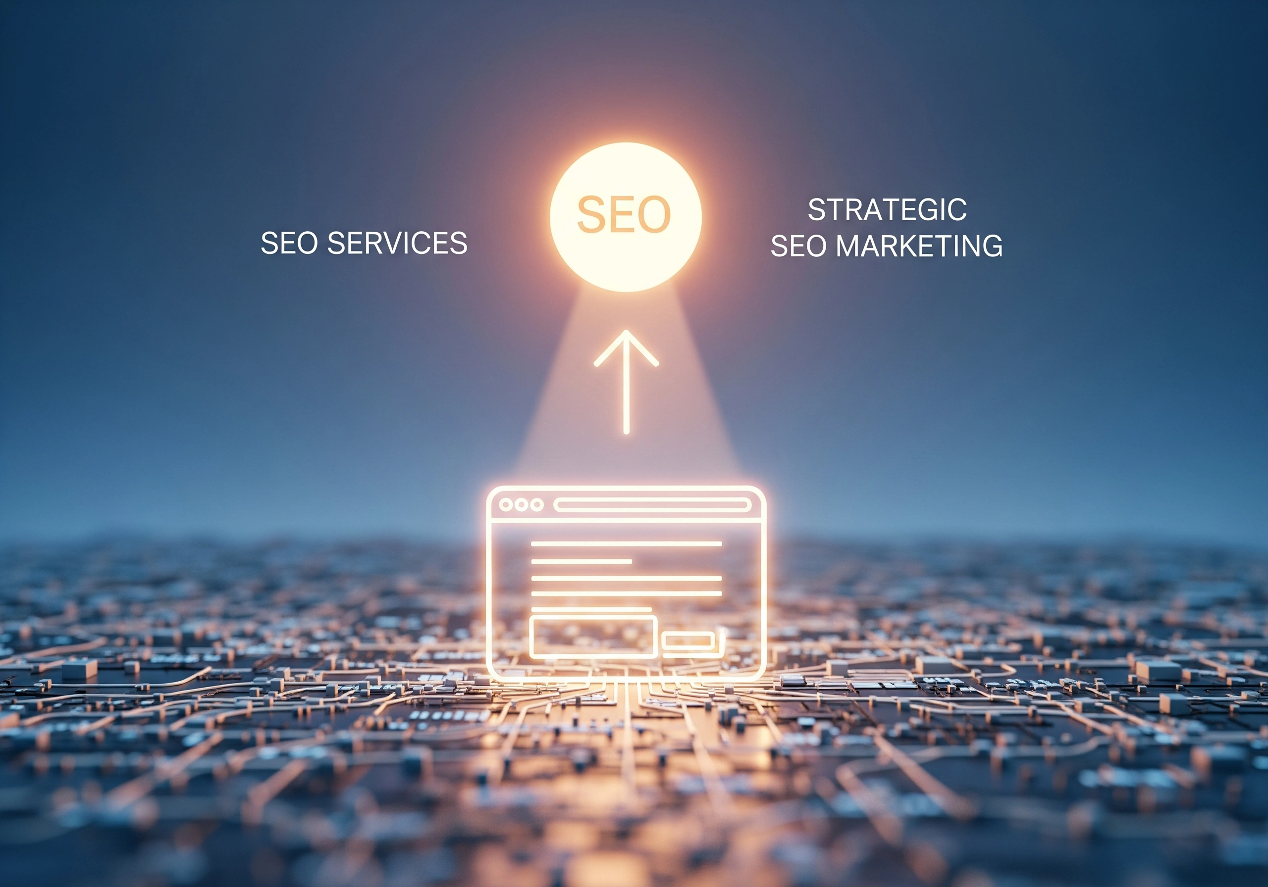 Glowing SEO services and strategic SEO marketing concept with website icon.