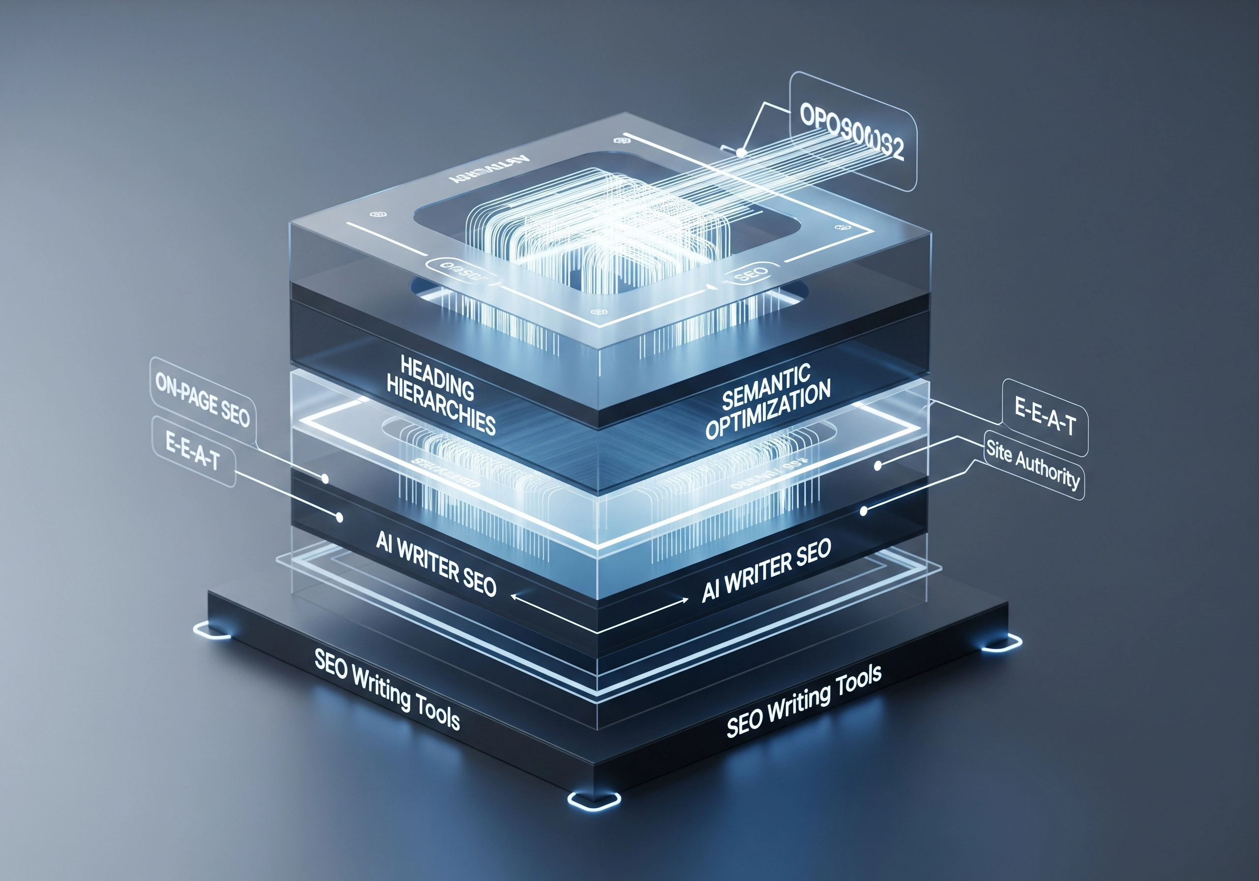Layered diagram of SEO factors including on-page SEO, AI writer SEO, semantic optimization.