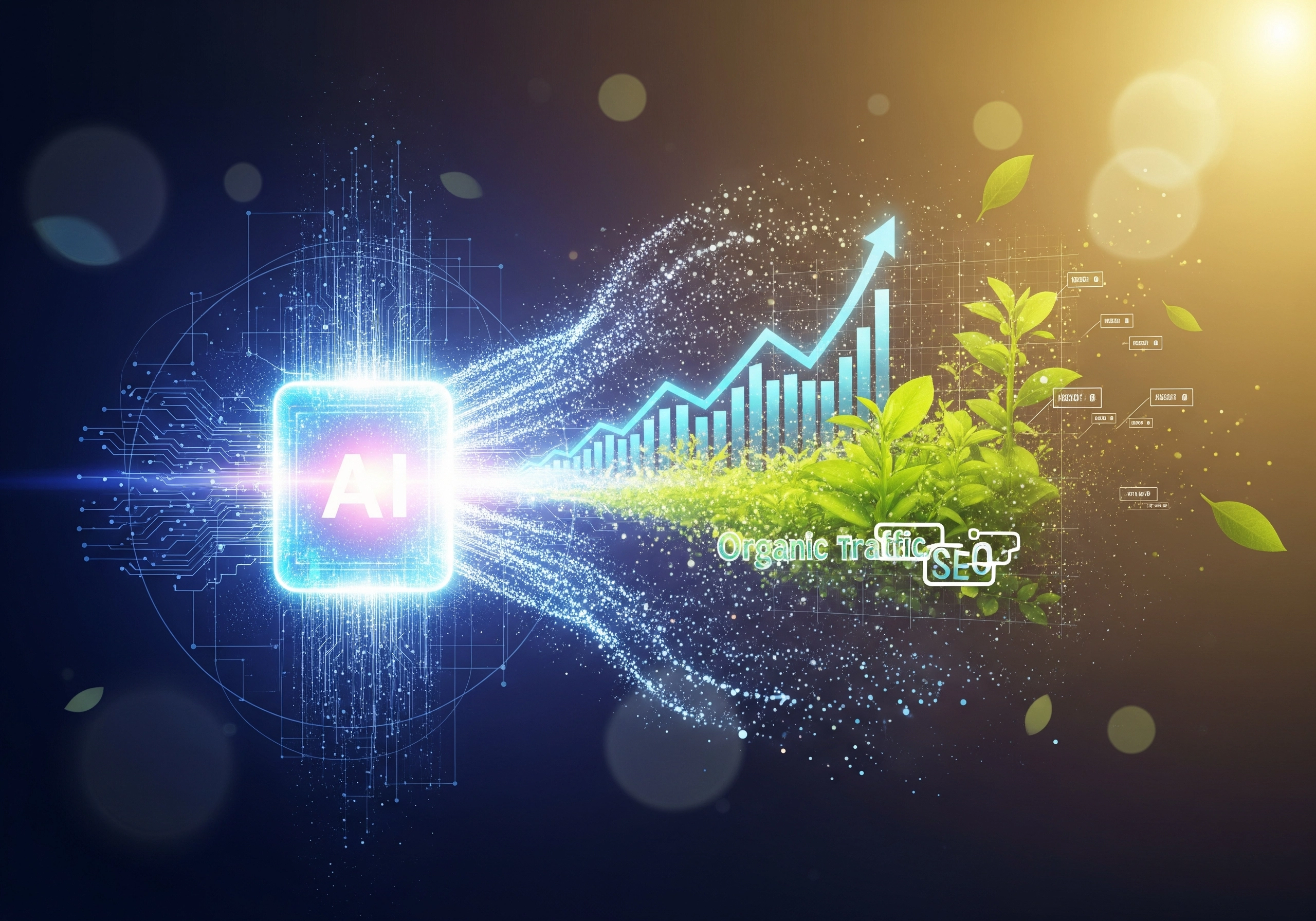 AI-driven organic traffic growth chart with SEO keywords and rising arrow.