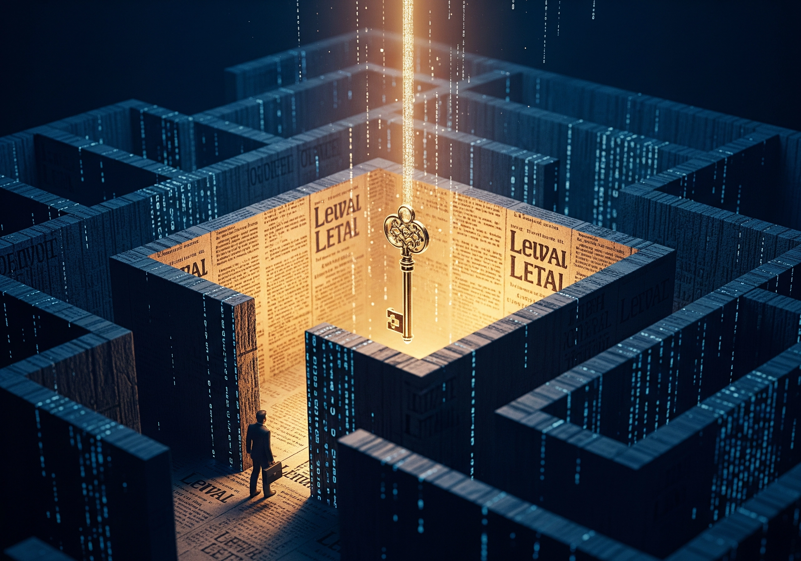 A man at the entrance of a maze, seeking a key with a beam of light, symbolizing legal defense for a criminal case.