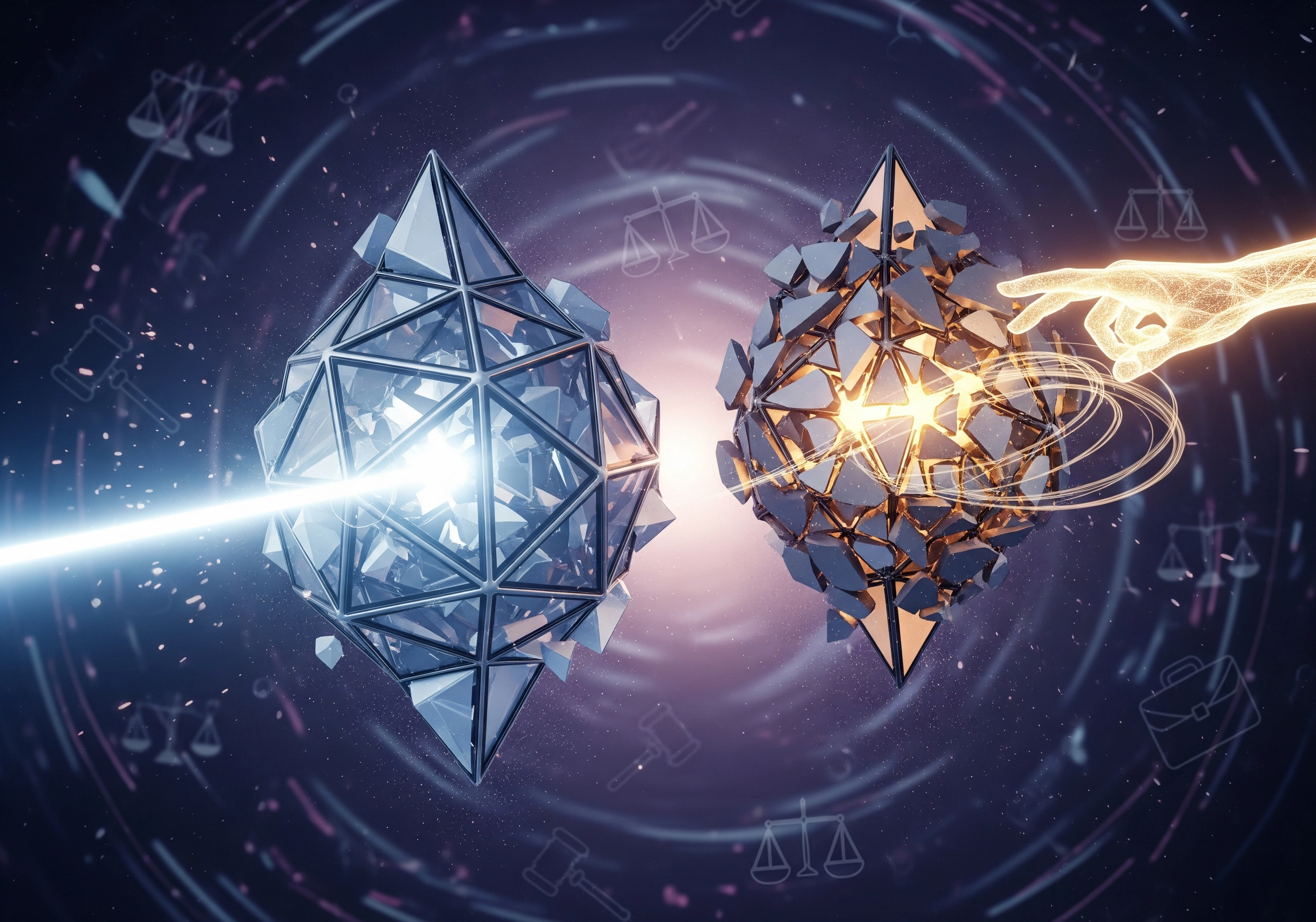 Abstract law concept with crystal shapes, scales of justice, and a digital hand.