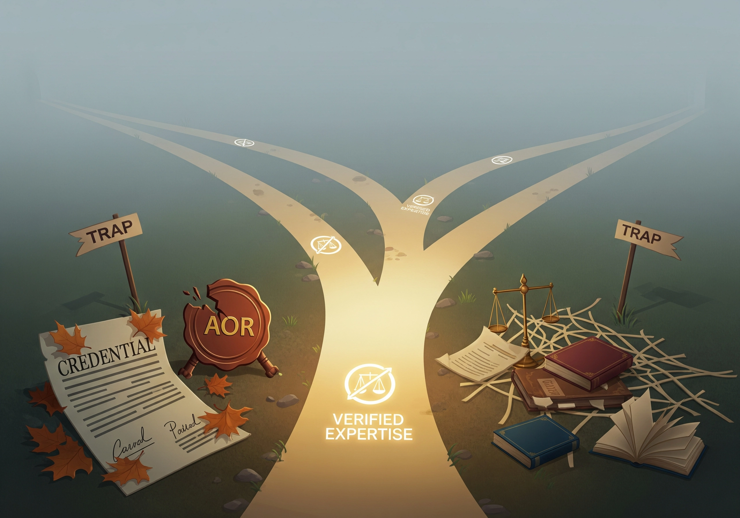 Road diverging symbolizing paths to verified expert criminal lawyer and potential traps.