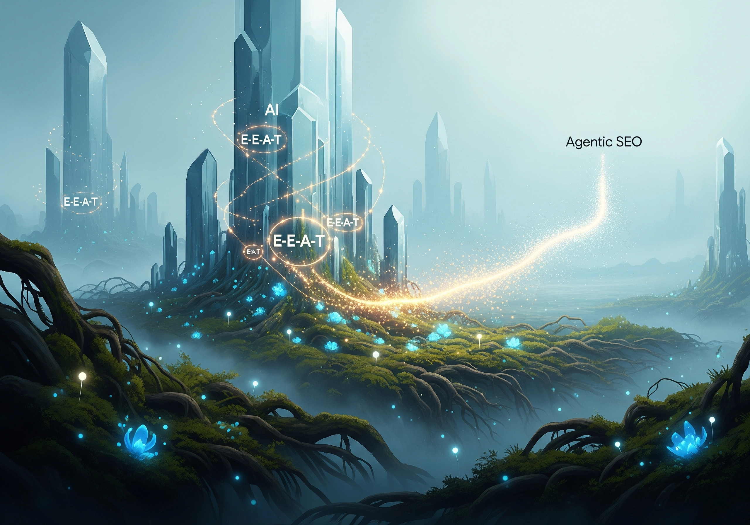 E-E-A-T concept art with glowing crystals, representing AI-generated SEO content quality.