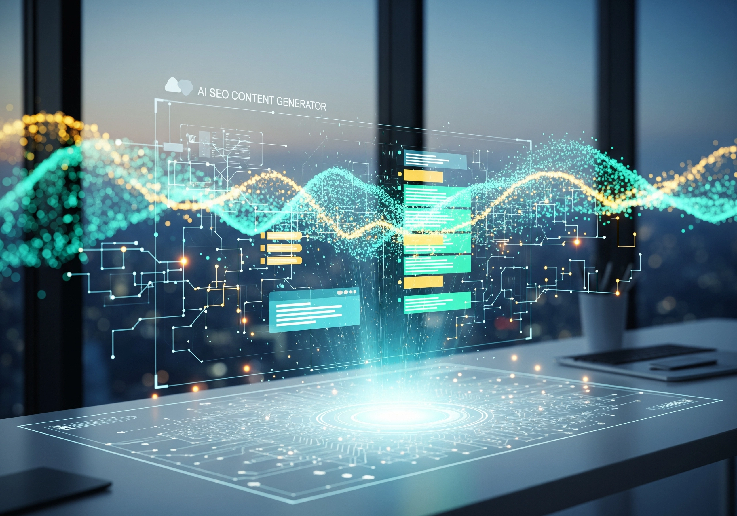 AI SEO content generator interface on a desk overlooking a city skyline.