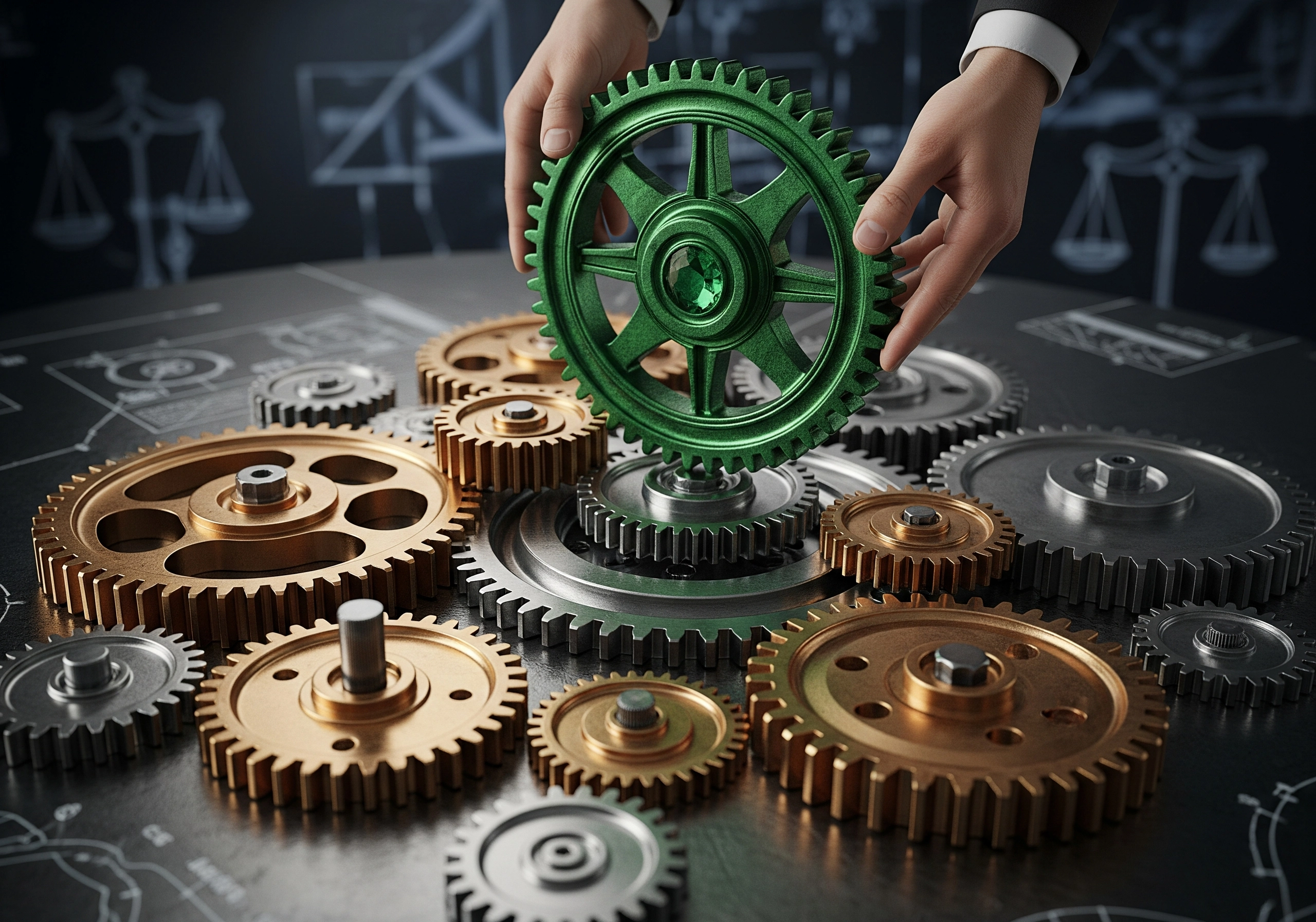Hands adjusting a green gear among gold and silver gears, symbolizing property dispute resolution mechanisms.