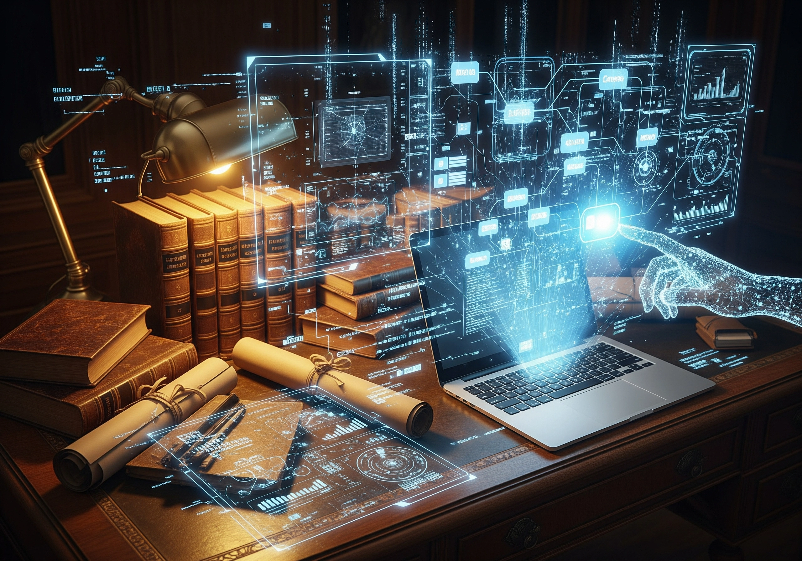 Desk with law books, laptop projecting data, representing real estate legal advice and asset protection strategies.